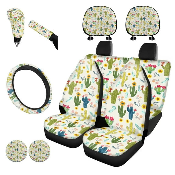 Garronmavis Green Cactus Car Seat Cover Full Set with Steering Wheel Wrap Gear Shift Cover Handbrake Sleeve Headrest Protectors Cup Coasters Light Breathable Automotive Vehicle Cushion