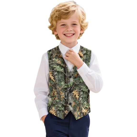 Garronmavis Green Camo Forest Boys Sleeveless Vests Lightweight Formal Dress Waistcoat Casual Coat Vest with Pockets Comfortable Formal Waistcoat Vests with Pockets for Boys 7-8