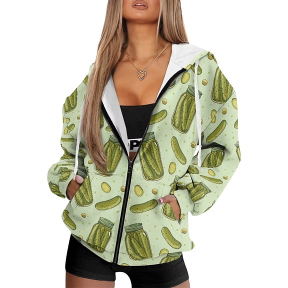 Garronmavis Green Cucumber Women Full-Zip Hoodie Oversized Fashion Elastic Women's Zip Up Long Sleeve Sweatshirts Breathable Comfy Sweaters Winter Clothes with Pockets