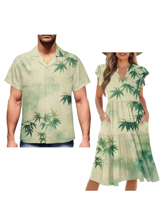 Green Leaf Couple Matching Outfit Mens Button Up Shirt Hawaiian Shirts Workwear and Womens Short Sleeve Dress Flowy Summer Party Dresses Size 2XS