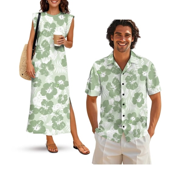 Garronmavis Green Polynesian Couples Matching Outfits Men's Short Sleeve Shirt Casual Hawaiian Tops Workwear and Womens Long Dress Sleeveless Split Beach Vacation Sundress