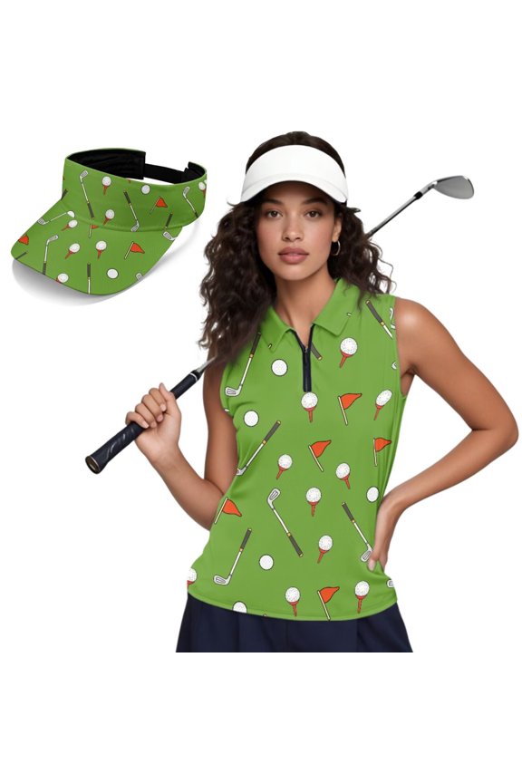 Green Women's Golf Shirt and Sun Visor Hat Set Racerback Collar Tank Quick-Dry Moisture Wicking Shirt Adjustable UV Protection Visor for Golf,Tennis,Hiking,Running,Gym