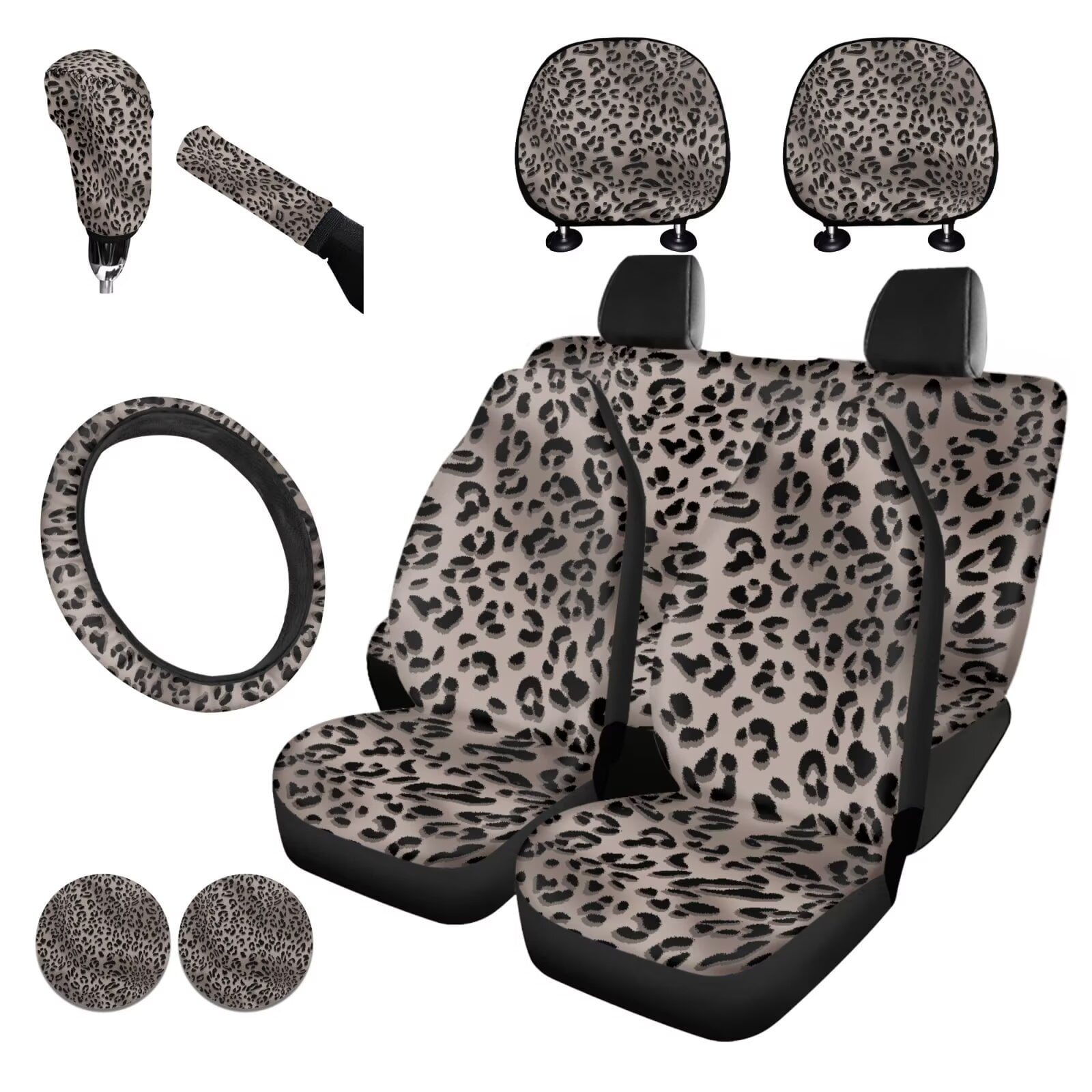 Garronmavis Grey Leopard Car Seat Covers Full Set with Steering Wheel Wrap Gear Shift Cover Handbrake Sleeve Headrest Protectors Cup Coaster Universal Fit for Most Auto Sedan Van Truck