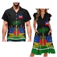 thumbnail image 1 of Garronmavis Haiti State Flags Matching Couple Outfits Men's Short Sleeve Shirt Summer Light Work Hawaiian Tops and Women's V-neck Dress Ruffle Sleeve Beach Party Sundress, 1 of 7