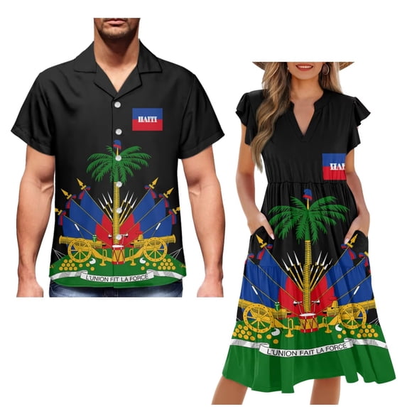 Garronmavis Haiti State Flags Matching Couple Outfits Men's Short Sleeve Shirt Summer Light Work Hawaiian Tops and Women's V-neck Dress Ruffle Sleeve Beach Party Sundress