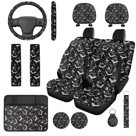 Garronmavis Halloween Bat 14 Pcs Car Seat Covers Full Set with Head Rest Protector Car Steering Wheel Cover Armrest Cover Seat Belt Covers Key Ring and Cup Coaster Universal Fit for Auto Car SUV