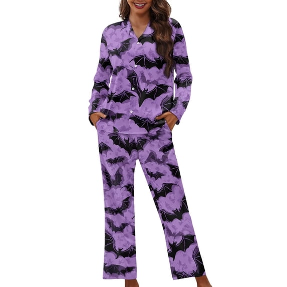 Garronmavis Halloween Bats Halloween Ladies 2-Piece Pajama Set Long Sleeve Button Up Sleepwear Breathable Holiday Nightwear Matching Top & Pants Cozy Winter PJs for Ladies (Purple)