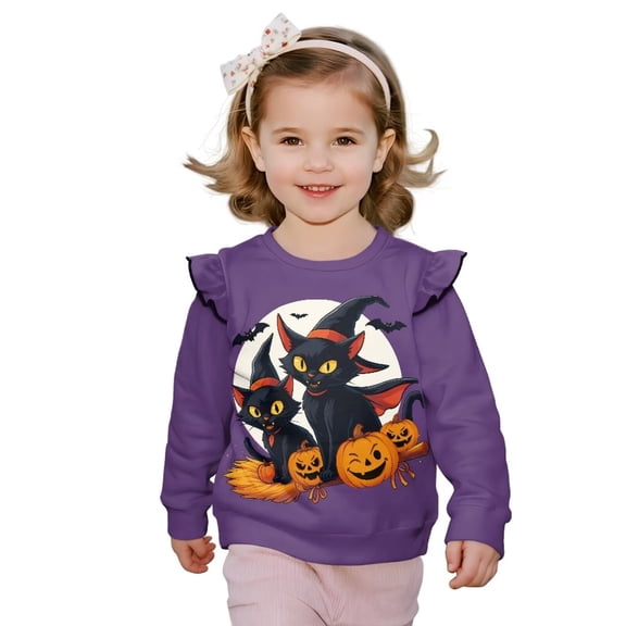 Garronmavis Halloween Black Cat Girls Sweatshirts Stylish Pumpkin Long Sleeve Pullover Crewneck Tops Shirts Ruffle Casual Long Sleeve Fall Winter Tops Comfortable for Girls 3-4 Years Old