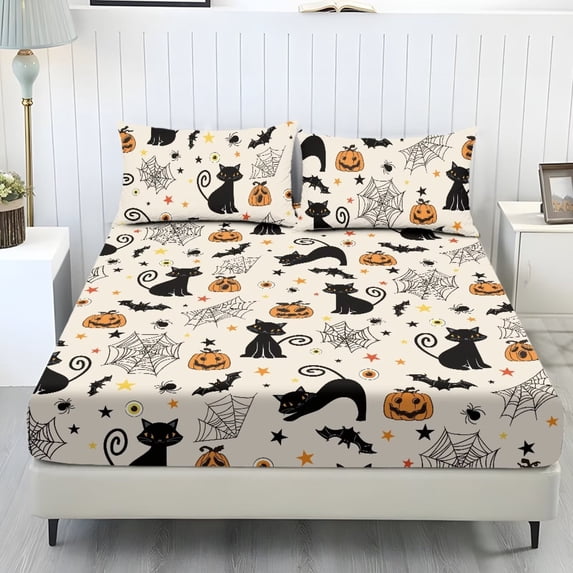 Garronmavis Halloween Cat Pumpkin Print Twin Size Bedding Set, 1 Fitted Sheet & 2 Envelope Pillowcases, Soft Breathable Microfiber Bed Cover for Holiday, 137cm*193cm