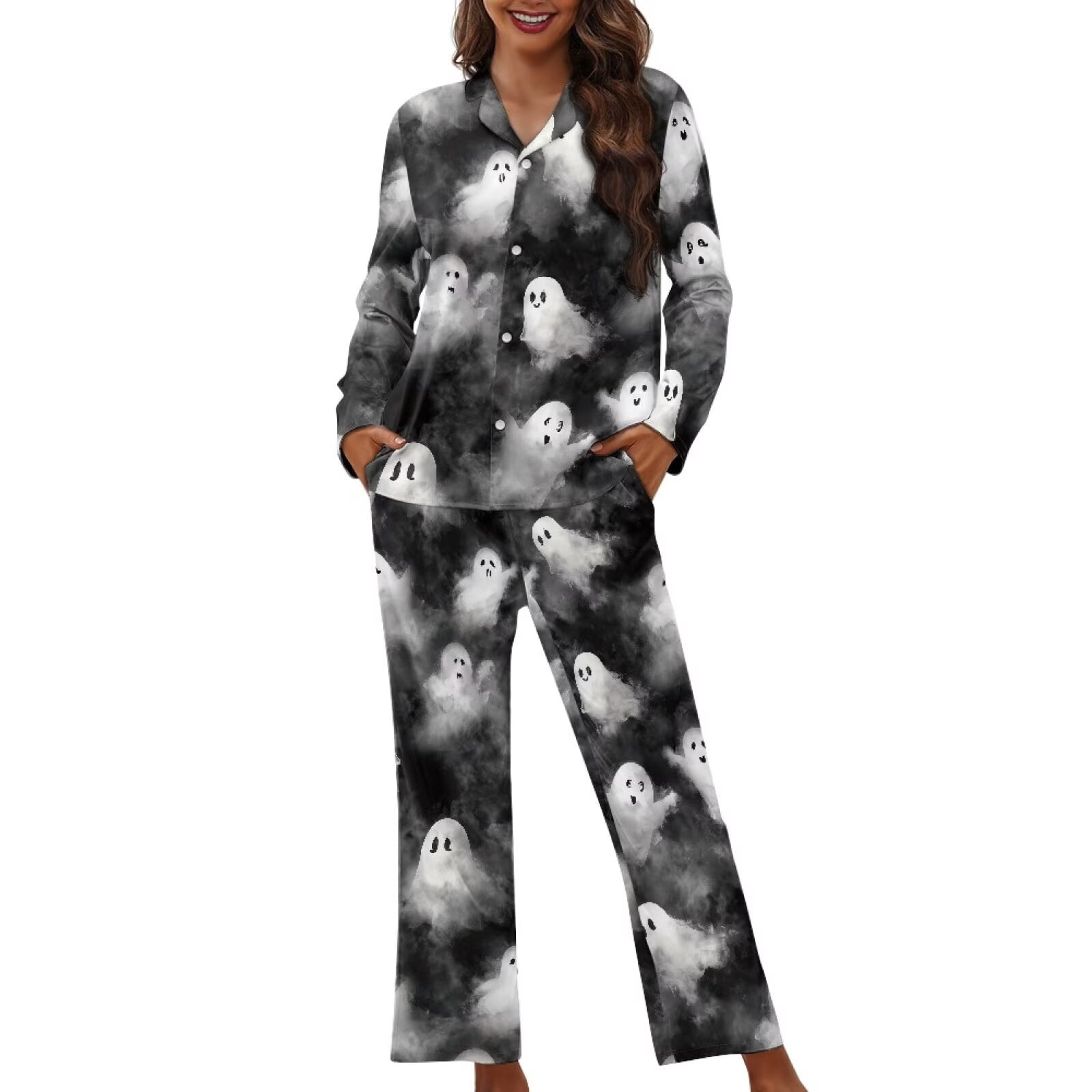 Ghost Sleep Robe Garronmavis Halloween Ghost Womens Pajama Sets 2 Piece Pjs Long-Sleeved ...