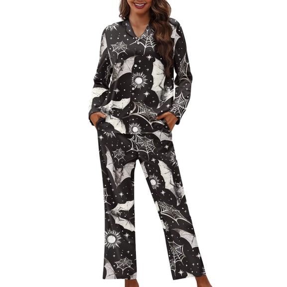 Garronmavis Halloween Pajamas for Womens 2 Piece Long Sleeve Button Down Sleepwear Soft Comft Loungewear V-Neck Pjs Set Funny Homewear, Black Bat Spider Web