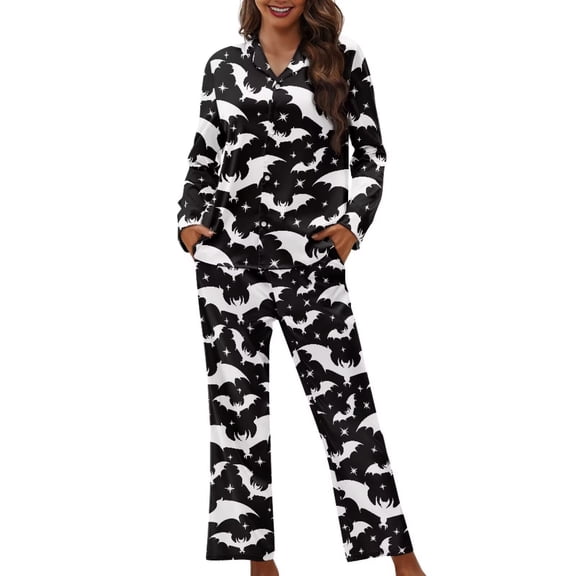 Garronmavis Halloween Pajamas for Women Long Sleeve Sleepwear Bats Printed Cozy Soft Lounge Sets Button-Down Nightwear Fits for Fall & Winter