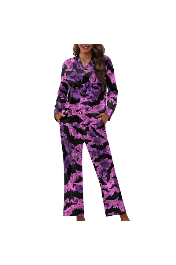 Halloween Purple Bats Womens 2 Piece Pajama Set Long Sleeve Button Up Sleepwear Cozy PJs with Pants, Cute Holiday Theme Sleepwear