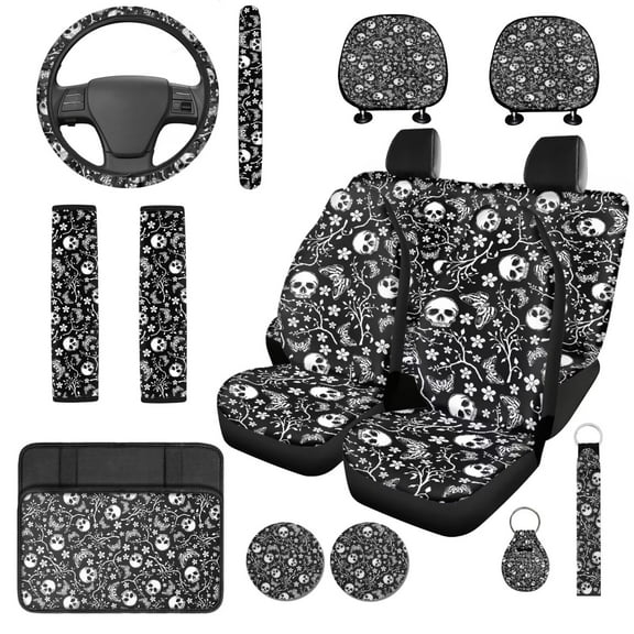 Garronmavis Halloween Skull 14 Pack Car Seat Covers Full Set with Car Head Rest Cover Steering Wheel Accessories Auto Seat Belt Pad Covers Key Ring and Coaster Universal Fit for Vehicles,Cars,SUV