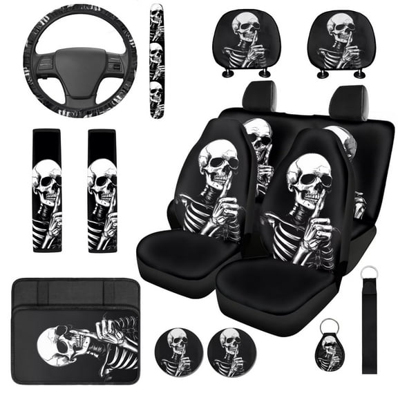 Garronmavis Halloween Skull Car Seat Covers Full Set 14 Pack Car Head Rest Cover Steering Wheel Protector Armrest Cover Seat Belt Covers Key Ring and Coaster Universal Fit for Most Cars SUV
