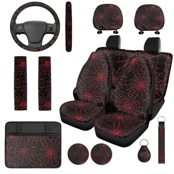 Garronmavis Halloween Spider Web 14 Pack Car Seat Covers Full Set with Headrest Protector Car Steering Wheel Accessories Auto Armrest Cover Seat Belt Covers Easy to Install for Most Cars, SUVs