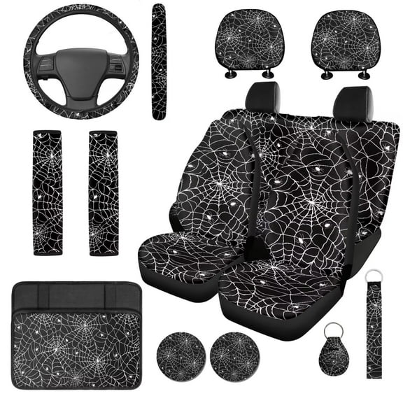 Garronmavis Halloween Spider Web 14 Pcs Car Seat Covers Set with Headrest Protector Car Steering Wheel Accessories Arm Rest Cover Auto Seat Belt Cover Keychain and Coaster Universal for Car SUV