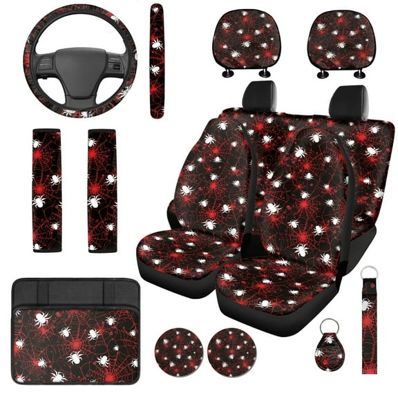 Garronmavis Halloween Spider Web Car Seat Covers Set 14 Pack Headrest Protector Steering Wheel Cover Car Arm Rest Cover Seat Belt Covers Key Ring and Coaster Universal Fit for Most Cars SUV