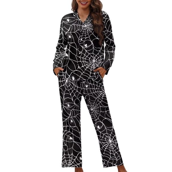 Garronmavis Halloween Womens 2 Piece Pajama Set Spider Web Long Sleeve Button Down V-Neck PJs Sleepwear Cozy Loungewear Set Nightwear for Women