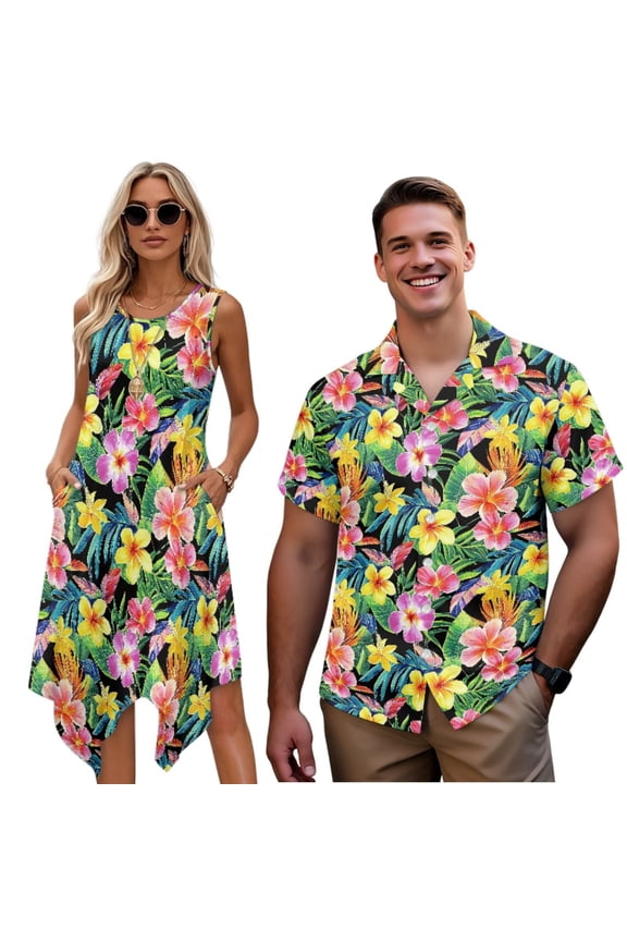 Hawaiian Flowers Couples Outfits Matching Sets Summer Button-Down Shirt for Men Hawaiian Shirts and Womens Sleeveless Dress Midi Tank Dresses