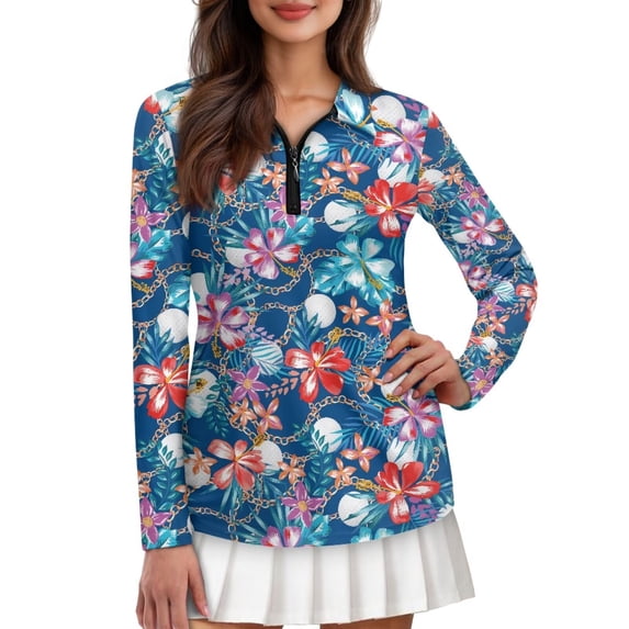 Garronmavis Hawaiian Flowers Quarter Zip Golf Shirt Women Size L Casual Long Sleeve Collared Tennis Shirts Shirts Workout Tops Hawaiian Golf Shirt