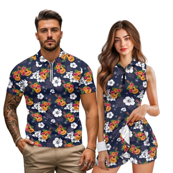 Garronmavis Hawaiian Hibiscus Matching Couple Golf Outfits Men Quick Dry Short Sleeve Shirt Women Sleeveless Tennis Dress with Built-In Pocketed Shorts for Summer Outdoor Sports