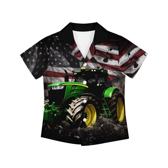 Garronmavis Hawaiian Shirts for Boys Girls 9-10 4th of July Shirt Tractor American Flag Graphic Button Down Collar Shirt Short Sleeve Lightweight Breathable Casual Summer Tops