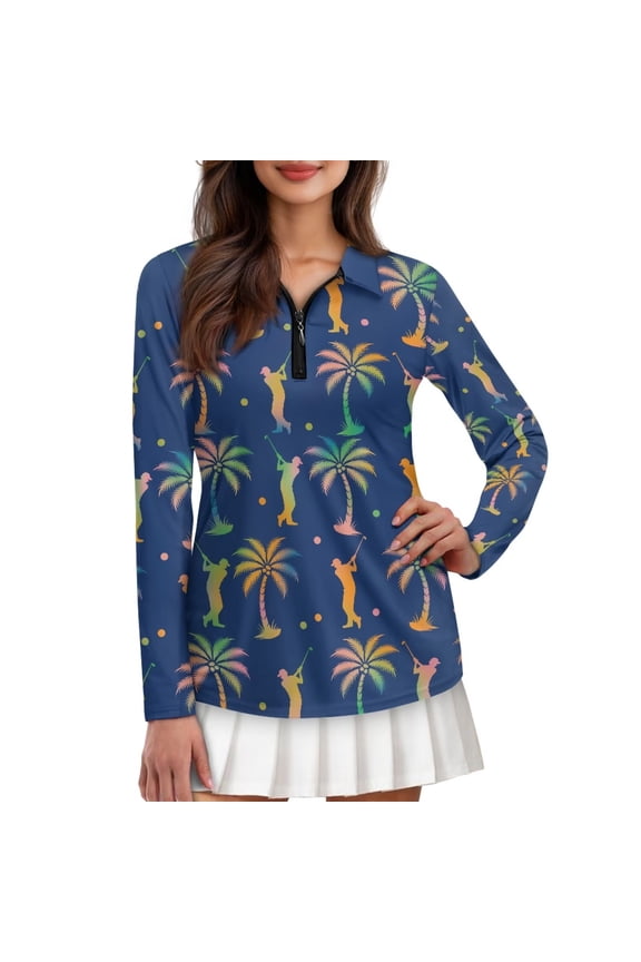 Hawaiian Sport Golf Shirt for Women Zipper Size 2XL Casual Long Sleeve Athletic Tennis Shirts Collared Shirts Hawaiian Golf Shirt for Women