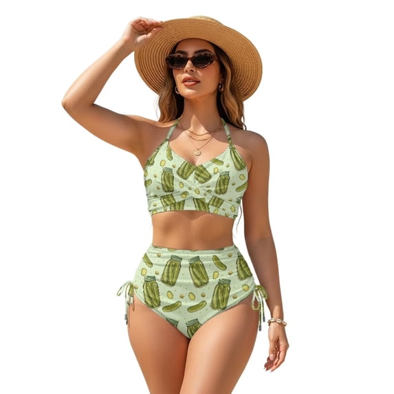 Garronmavis High Waisted Bikini Sets for Women Sour Pickles Twist Front Tummy Control 2 Piece Bathing Suit with Side Drawstring Bottom Funny Summer Beach Swimwear