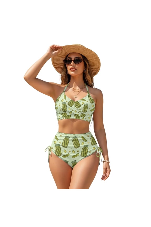 High Waisted Bikini Sets for Women Sour Pickles Twist Front Tummy Control 2 Piece Bathing Suit with Side Drawstring Bottom Funny Summer Beach Swimwear