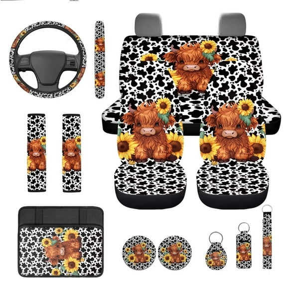 Garronmavis Highland Cow 13 Pcs Car Accessories Full Set Car Seat Covers Steering Wheel Cover,Armrest Cover Pad ,Key Chain,Chapstick,Car Coasters,Seat Belt Pads
