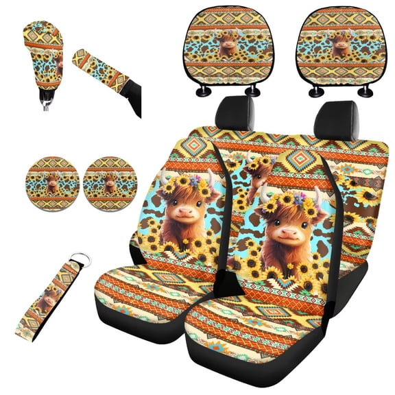 Garronmavis Highland Cow Baby Automotive Seat Cover Accessories for women men Tribe Style with Handbrake Gear Auto Headrest Cover Shift Knob Cover Auto Cup Coaster Wristlet Keychain
