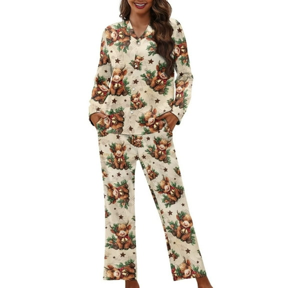 Garronmavis Highland Cow Christmas Women's Button Up Pajama Set Long Sleeve 2-Piece Soft Sleepwear Cute Lounge Sets with Pockets