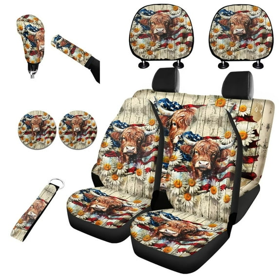 Garronmavis Highland Cow Daisy Car Seat Covers Set Fashion with Auto Headrest Cover+Handbrake Gear+Shift Knob Cover+Auto Cup Coaster+Wristlet Keychain Full Surround Car Seat Protector