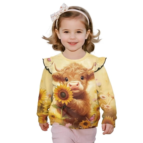 Garronmavis Highland Cow Girls Sweatshirts Loose Ruffle Sunflower Long Sleeve Girls Top 8T Lightweight Pullover Crewneck Long Sleeve Shirt Versatile Toddler Girl Clothes for Daily Life