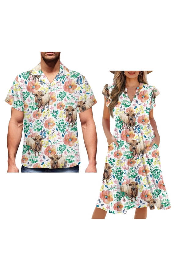 Highland Cow Matching Couple Outfits Floral Husban and Wife Clothing Casualght Mens Short Sleeve Shirt Size 3XL Comfort Workwear and Womens V-neck Midi Dress