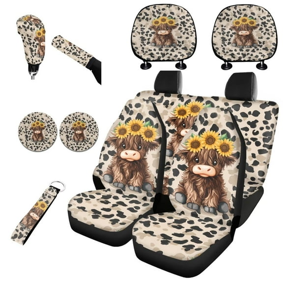 Garronmavis Highland Cow Print 11 Pcs Car Seat Covers Full Set Universal Fit Interior Decor with Cars Headrest Protectors Wristlet Keychain Auto Cup Coaster Handbrake Gear Shift Knob Cover