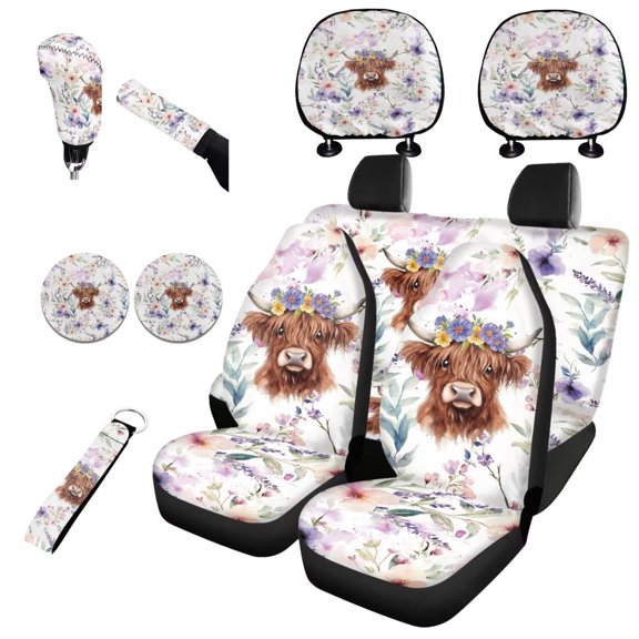 Garronmavis Highland Cow Universal Car Seat Covers Full Set Floral Pattern for Interior Decor with Cars Headrest Protectors Wristlet Keychain Auto Cup Coaster Handbrake Gear Shift Knob Cover