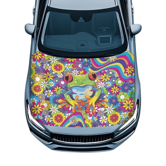 Garronmavis Hippie Flower Tree Frogs Hood Covers for Cars Car Hood Cover for Winter Easy to Install Car Hood Protectors Cover Stertch Car Bonnet Banner Novelty Car Hood Decoration