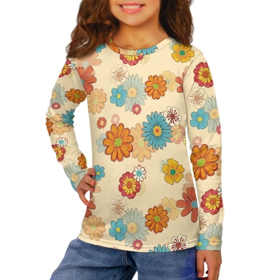 Garronmavis Hippie Flowers Girls Long Sleeve T-Shirts 7-8 Loose Kids Basic Soft Long Sleeve Tees Top Lightweight Kids Crewneck T-Shirts Fall Tops Fashion Fall Winter Clothes