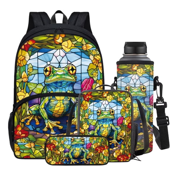 Garronmavis Hippie Frogs Print Backpack for Boys Girls School Bag Insulated Lunch Box Lightweight Pencil Case Water Holder Case, Primary School Rucksack with Adjustable Shoulder