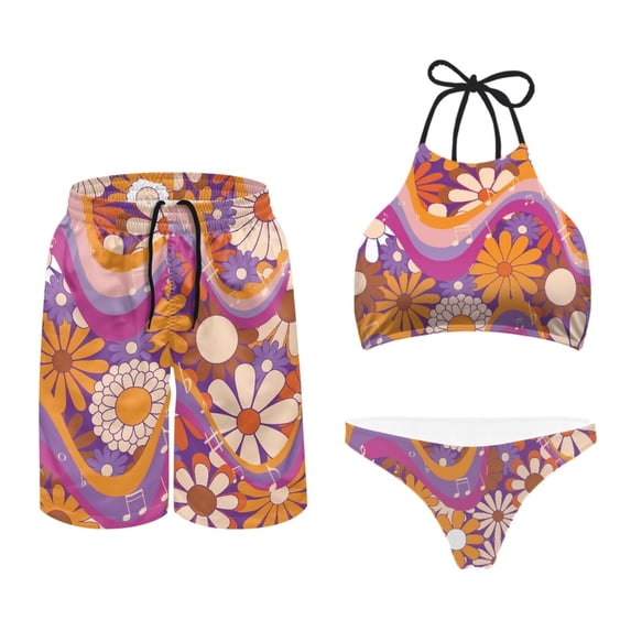 Garronmavis Hippy Flower His and Hers Couple Swimsuits Matching Set Women's String Two Piece Halter Top Triangle Bikini Set and Men's Swim Trunks Quick Dry Bathing Suit Big & Tall