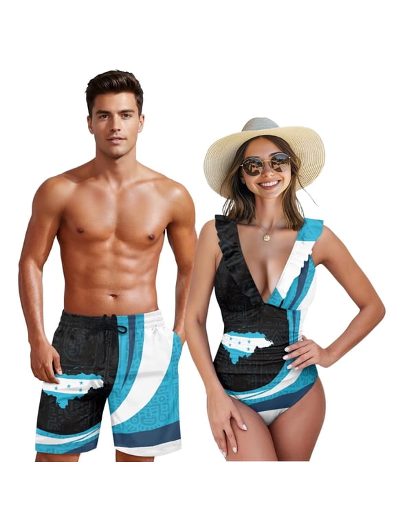 Honduras Flag Couple Matching Swimwear Summer Beachwear Women's One Piece Ruffle Swimsuit Tummy Control Bathing Suit V Neck Swimwear & Mens Swim Trunks Beach Shorts