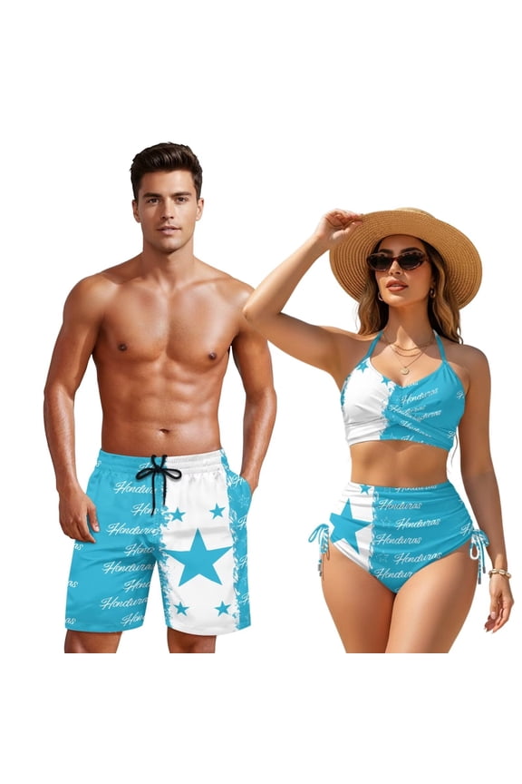 Honduras Flag Couple Swimsuits Matching Set Womens Bikini Set Two Piece Twist Front Drawstring Cheeky Bathing Suits Men Swim Trunks with Pockets-L