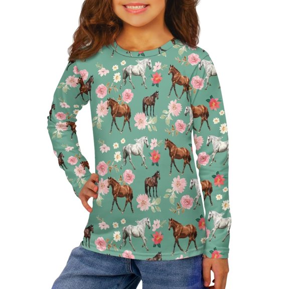 Garronmavis Horse Boys Long Sleeve T-Shirts Size 7-8 Casual Flowers Long Sleeve Crewneck T-Shirts Tee Tops Versatile Kids Fall Tops Crewneck Basic Tees Casual Clothes for Boys