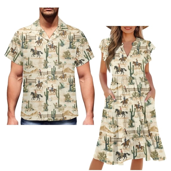 Garronmavis Horse Cowboy Couples' Outfits Cactus Husban and Wife Clothing Women's V-neck Dress Beach Party Dresses Size 7XL and Short Sleeve Shirt for Men Light Hawaiian Shirts