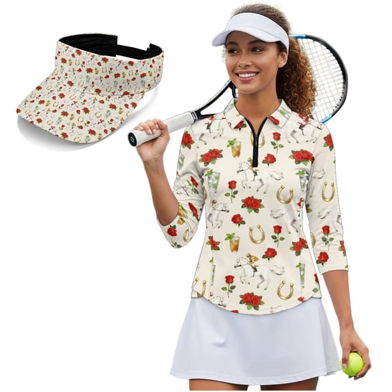 Garronmavis Horse Racing Rose Women's Golf Shirt and Sun Visor Hat Set Lightweight 3/4 Sleeve Golf Shirts Adjustable Fashion Baseball Golf Cap Suitable for Hot Weather Machine Washable