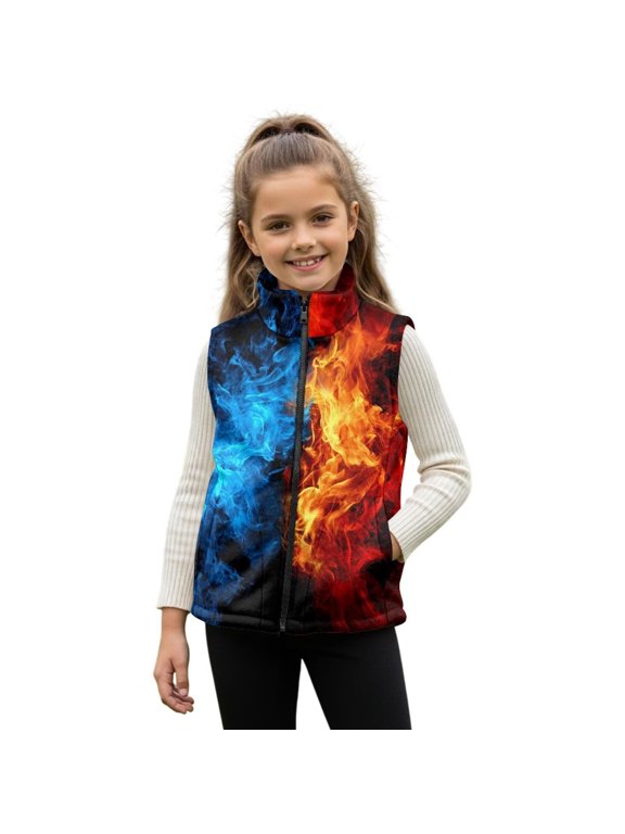 Ice and Fire Zippered Vest Stand Collar Boys Vest Size 3T Comfortable Winter Lightweight Sleeveless Fleece Jacket with Pocket Stylish Fall Outfits Fashion Clothing