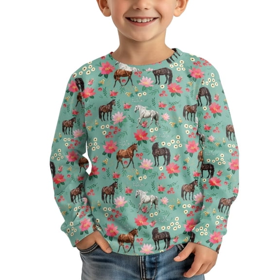 Garronmavis Horses Boys Long Sleeve T-Shirts Size 7-8 Comfortable Flowers Kids Crewneck T-Shirts Fall Tops Soft Kids Basic Soft Long Sleeve Tees Top for Outdoor Activities
