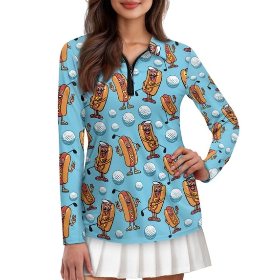 Garronmavis Hot Dog Golf Ball Golf Tennis Shirt Women Long Sleeve Size M Zip Up Collar Shirts Casual Work Pickleball Shirts
